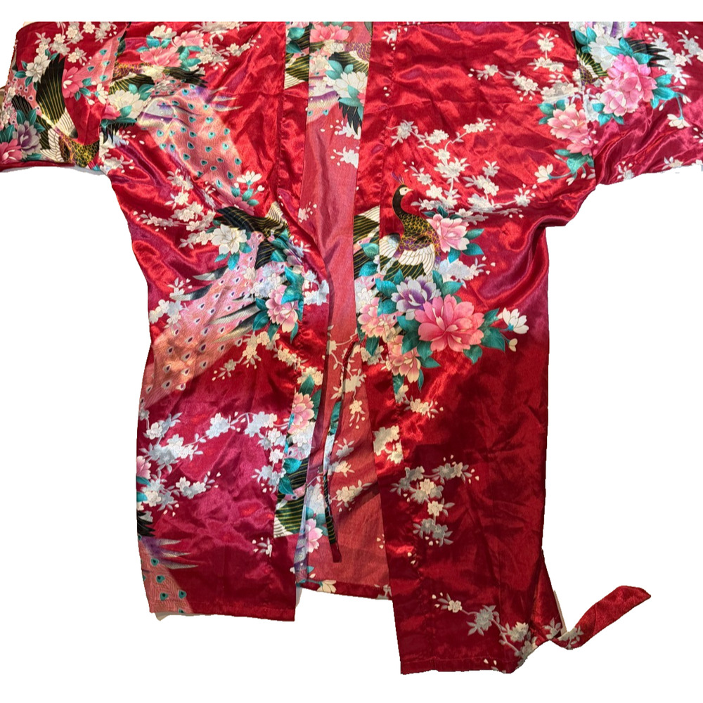 Wine Red Peacock Floral Satin Kimono Jacket – Japanese Inspired Layer Robe - Picture 9 of 9